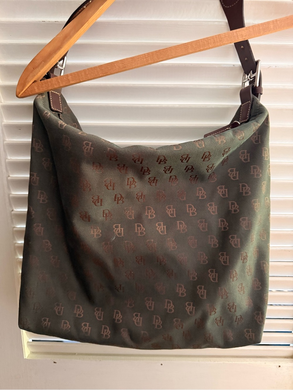 Dooney & Bourke Dark Green Monogram Canvas with Brown Trim